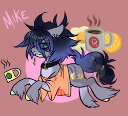 Size: 1100x1000 | Tagged: safe, artist:lavvythejackalope, oc, oc only, oc:mike, earth pony, pony, abstract background, clothes, coffee, ear piercing, earring, earth pony oc, frown, hoof fluff, jewelry, mug, piercing, solo