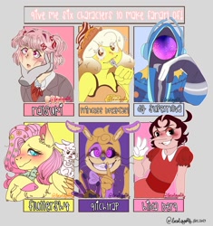 Size: 1600x1700 | Tagged: safe, artist:localgoaty, angel bunny, fluttershy, bird, human, pegasus, pony, rabbit, robot, anthro, g4, :o, adventure time, angry, animal, animatronic, anthro with ponies, blushing, bowtie, chest fluff, clothes, colored hooves, cross-popping veins, crossed arms, crossover, cuphead, disembodied hand, doki doki literature club, eyes closed, female, five nights at freddy's, flower, flower in hair, glitchtrap, gloves, grin, hand, hilda berg, male, mare, natsuki, open mouth, school uniform, shhh, signature, six fanarts, smiling, waving, wings