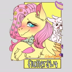Size: 2048x2048 | Tagged: safe, alternate version, artist:localgoaty, angel bunny, fluttershy, bird, pegasus, pony, rabbit, g4, angry, animal, blushing, chest fluff, colored hooves, cross-popping veins, crossed arms, eyes closed, female, flower, flower in hair, high res, mare, signature, smiling, wings