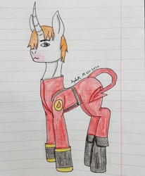 Size: 2878x3494 | Tagged: safe, artist:agdapl, pony, unicorn, boots, clothes, high res, horn, lined paper, ponified, pyro (tf2), shoes, signature, solo, team fortress 2, traditional art