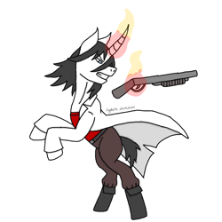 Size: 768x768 | Tagged: safe, artist:agdapl, pony, unicorn, boots, clothes, glowing horn, gritted teeth, gun, horn, looking back, magic, male, nurse, ponified, rearing, shoes, shotgun, signature, simple background, solo, stallion, team fortress 2, telekinesis, weapon, white background