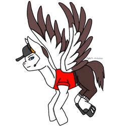 Size: 768x768 | Tagged: safe, artist:agdapl, pegasus, pony, clothes, flying, hat, headworn microphone, male, ponified, scout (tf2), signature, simple background, solo, stallion, team fortress 2, two toned wings, white background, wings