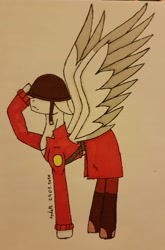 Size: 2429x3679 | Tagged: safe, artist:agdapl, pegasus, pony, clothes, helmet, high res, male, ponified, salute, signature, soldier, soldier (tf2), solo, stallion, team fortress 2, traditional art, two toned wings, wings