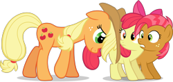 Size: 6000x2835 | Tagged: safe, artist:frownfactory, apple bloom, applejack, babs seed, earth pony, pony, apple family reunion, g4, blank flank, bow, cutie mark, female, filly, freckles, hat, mare, pushing, simple background, transparent background, vector