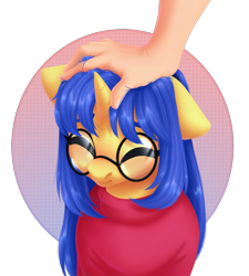 Size: 1347x1500 | Tagged: safe, artist:nika-rain, oc, oc only, oc:logical leap, human, pony, unicorn, adorkable, bust, clothes, commission, cute, dork, female, floppy ears, hand, head pat, meganekko, nerd, pat, petting, portrait, solo, sweater, turtleneck, ych result
