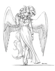 Size: 1000x1303 | Tagged: safe, artist:baron engel, oc, oc only, oc:soft, pegasus, anthro, unguligrade anthro, breasts, cleavage, clothes, commission, dress, female, monochrome, not fluttershy, pencil drawing, simple background, solo, traditional art, unshorn fetlocks, white background