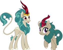 Size: 1367x1080 | Tagged: safe, artist:cloudy glow, artist:efernothedragon, rain shine, river song, kirin, g4, comparison, duo, duo female, familiar, female, open mouth, similar, similarities, simple background, smiling, transparent background, vector