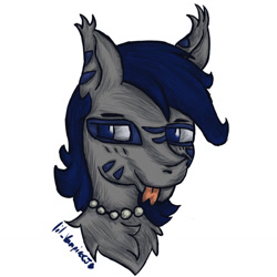 Size: 1280x1280 | Tagged: safe, artist:lil_vampirecj, oc, oc only, oc:zephyr star, bat pony, pony, :p, blue eyes, blue mane, bust, fluffy, jewelry, necklace, portrait, solo, stripes, tongue out, tribal