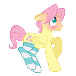 Size: 1570x1570 | Tagged: safe, alternate version, artist:melonmilk, derpibooru exclusive, fluttershy, pegasus, pony, g4, blushing, blushing profusely, butterscotch, clothes, kneesocks, long socks, male, rule 63, rule63betes, show accurate, socks, solo, stallion, striped socks, thigh highs