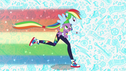 Size: 1920x1080 | Tagged: safe, screencap, rainbow dash, spike, spike the regular dog, dog, equestria girls, g4, my little pony equestria girls: better together, :p, clothes, converse, cute, cutie mark, cutie mark on clothes, dashabetes, female, hoodie, intro, male, open mouth, ponied up, rainbow trail, running, shoes, smiling, spikabetes, tongue out