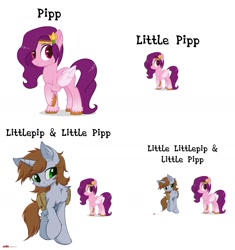 Size: 1500x1598 | Tagged: safe, artist:brushprism, artist:orang111, edit, pipp petals, oc, oc:littlepip, pegasus, pony, unicorn, fallout equestria, g4, g5, chest fluff, duo, female, mare, markings, meme, pipp is short, pipp is smol, pun, raised hoof, red eyes, red-eyed pipp, simple background, unshorn fetlocks, white background