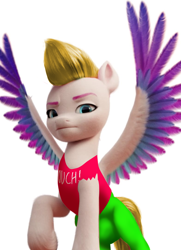 Size: 784x1080 | Tagged: safe, edit, edited screencap, screencap, zipp storm, pegasus, pony, g5, chad, clothes, crotch bulge, female, mare, meme, ouch, pants, raised hoof, simple background, solo, spread wings, tank top, unshorn fetlocks, white background, wings