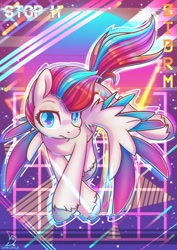 Size: 2480x3508 | Tagged: safe, artist:wavecipher, zipp storm, pegasus, pony, g5, abstract background, colored wings, female, heart, heart eyes, high res, looking at you, mare, multicolored wings, solo, spread wings, text, triangle, unshorn fetlocks, wingding eyes, wings