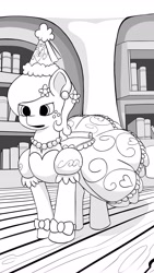 Size: 2304x4096 | Tagged: safe, artist:flutterfigle, applejack, earth pony, pony, g4, look before you sleep, clothes, dress, froufrou glittery lacy outfit, library, monochrome, princess applejack