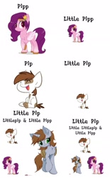 Size: 1500x2424 | Tagged: safe, artist:brushprism, artist:orang111, edit, pipp petals, pipsqueak, oc, oc:littlepip, earth pony, pegasus, pony, unicorn, fallout equestria, g4, g5, chest fluff, colt, duo, female, g5 to g4, male, mare, markings, meme, pipp is short, pun, raised hoof, red eyes, red-eyed pipp, simple background, tongue twister, unshorn fetlocks, white background