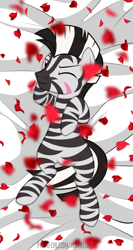 Size: 639x1200 | Tagged: safe, artist:jennieoo, oc, oc only, oc:lost way, pony, zebra, bed, bedsheets, flower, looking at you, one eye closed, rose, rose petals, show accurate, simple background, smiling, smiling at you, solo, wink, winking at you