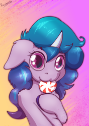 Size: 2480x3508 | Tagged: safe, artist:rainihorn, izzy moonbow, pony, unicorn, g5, :3, abstract background, bust, candy, female, floppy ears, food, high res, hooves, horn, human shoulders, looking at you, mare, portrait, shoulder fluff, signature, solo, unshorn fetlocks
