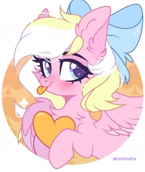 Size: 1698x2001 | Tagged: safe, artist:ekostinoto, oc, oc only, oc:bay breeze, pegasus, pony, blushing, bow, chest fluff, cute, ear fluff, female, hair bow, heart, looking at you, mare, ocbetes, signature, solo, tongue out