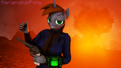 Size: 3840x2160 | Tagged: safe, artist:marianokun, oc, oc only, oc:littlepip, unicorn, anthro, fallout equestria, 3d, 4k, anthro oc, atomic bomb, clothes, evil grin, explosion, faic, female, grin, gun, handgun, happy, high res, jumpsuit, little macintosh, mare, nuclear explosion, nuclear weapon, pda, pipboy, pipbuck, remake, revolver, smiling, source filmmaker, vault suit, weapon