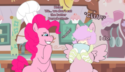 Size: 1371x787 | Tagged: safe, artist:hooverlover, pinkie pie, oc, oc:berrybutter bliss, earth pony, pegasus, pony, g4, ascot, baking, batter, bow, bowl, cake batter, chef's hat, chubby, clothes, cute, eating, fat, female, giggling, hat, kitchen, mare, my little harem, socks, wings