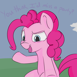 Size: 800x800 | Tagged: safe, artist:treekickerdraws, pinkie pie, earth pony, pony, g4, dialogue, looking at you, smiling, solo