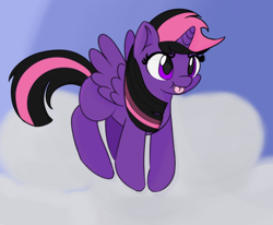 Size: 700x578 | Tagged: safe, artist:treekickerdraws, oc, oc only, alicorn, pony, cloud, flying, mlem, silly, solo, spread wings, tongue out, wings