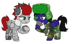 Size: 2117x1296 | Tagged: safe, artist:kb-gamerartist, derpibooru exclusive, oc, oc only, oc:paladin colt, oc:sharps eye, pegasus, pony, 2021 community collab, derpibooru community collaboration, boots, camouflage, clothes, drinking, duo, earmuffs, female, hat, hoof hold, jacket, male, mare, mug, raised hoof, scarf, shoes, simple background, socks, stallion, stockings, sweater, thigh highs, transparent background, winter outfit