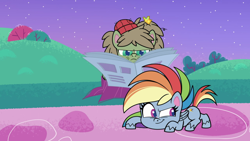 Size: 1920x1080 | Tagged: safe, screencap, dishwater slog, rainbow dash, pony, g4.5, my little pony: pony life, the best of the worst, duo, female, male, mare, newspaper, stallion