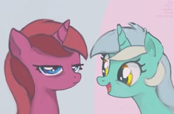 Size: 2185x1433 | Tagged: safe, anonymous artist, lyra heartstrings, pony, unicorn, g4, annoyed, aryl, duo, excited, female, looking at each other, siblings, simple background, sisters, twins