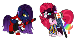Size: 2230x1211 | Tagged: safe, artist:kb-gamerartist, derpibooru exclusive, oc, oc only, oc:painted lilly, oc:velvet gloom, earth pony, pegasus, pony, 2021 community collab, derpibooru community collaboration, baseball bat, batman, bisexual pride flag, chains, clothes, cosplay, costume, dc comics, duo, ear piercing, earring, female, gloves, hammer, harley quinn, heart, jester, jewelry, mallet, mare, markings, necklace, nonbinary, piercing, pride, pride flag, raised hoof, shirt, shorts, simple background, t-shirt, transparent background