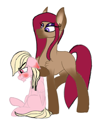 Size: 1755x2064 | Tagged: safe, artist:justapone, oc, oc:heart struck, oc:strawberry sand, pegasus, pony, saddle arabian, blushing, brown coat, colored, duo, ear blush, ear fluff, embarrassed, female, frown, height difference, lidded eyes, looking down, male, mare, missing cutie mark, pegasus oc, pink coat, raised leg, red mane, red tail, shoulder fluff, simple background, sitting, size difference, smaller male, smiling, stallion, tall, unshorn fetlocks, white background, wings