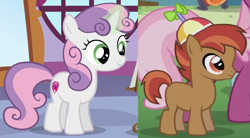 Size: 1011x558 | Tagged: safe, artist:supermarioworld64, edit, edited screencap, screencap, button mash, cheerilee, sweetie belle, earth pony, pony, unicorn, crusaders of the lost mark, g4, on your marks, aura, colt, comparison, duo, female, filly, hat, magic, male, offscreen character, propeller hat, ship:sweetiemash, shipping, shipping domino, smiling, straight