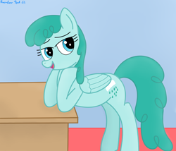 Size: 3528x3016 | Tagged: safe, artist:rainbowšpekgs, spring melody, sprinkle medley, pegasus, pony, g4, bedroom eyes, female, high res, interior, leaning, open mouth, solo, table, wings