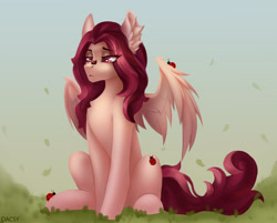 Size: 2565x2064 | Tagged: safe, artist:dacsy, oc, oc only, oc:crimm harmony, insect, ladybug, pegasus, pony, ear fluff, eye clipping through hair, female, high res, lidded eyes, mare, sitting, solo, spread wings, wings