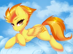 Size: 2048x1518 | Tagged: safe, artist:darkmaxxie, spitfire, pegasus, pony, g4, cloud, dock, female, folded wings, lidded eyes, looking at you, mare, on a cloud, sexy, solo, stupid sexy spitfire, tail, wings