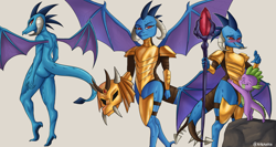 Size: 3920x2080 | Tagged: safe, artist:nire, princess ember, spike, dragon, anthro, g4, gauntlet of fire, armor, bloodstone scepter, blushing, butt, dragon armor, dragon lord ember, dragonbutt, dragoness, female, helmet, high res, horns, hug, princess embutt, simple background, size difference, spread wings, wings