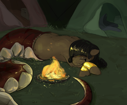Size: 1549x1274 | Tagged: safe, artist:testostepone, oc, oc only, oc:sahara, lamia, original species, bracelet, camp, campfire, eyes closed, eyeshadow, female, forest, jewelry, lying down, makeup, mare, night, prone, sleeping, solo, tent