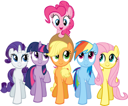 Size: 8000x6635 | Tagged: safe, artist:dragnmastralex, applejack, fluttershy, pinkie pie, rainbow dash, rarity, twilight sparkle, earth pony, pegasus, pony, unicorn, a friend in deed, g4, female, looking down, looking up, mane six, mare, open mouth, pinkie pie riding applejack, ponies riding ponies, raised hoof, riding, simple background, smile song, smiling, transparent background, vector, walking