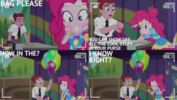 Size: 1280x720 | Tagged: safe, edit, edited screencap, editor:quoterific, screencap, mulberry barricade, pinkie pie, equestria girls, equestria girls series, five lines you need to stand in, g4, spoiler:eqg series (season 2), bag, balloon, camera shot, cartoon physics, clothes, cutie mark, cutie mark on clothes, eyes closed, geode of sugar bombs, looking at you, magical geodes, music festival outfit, pinkie being pinkie, pinkie physics, smiling, that pony sure does love balloons