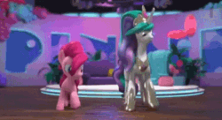 Size: 538x292 | Tagged: source needed, safe, screencap, pinkie pie, princess celestia, alicorn, earth pony, pony, g4, hello pinkie pie, animated, dancing, duo, duo female, female, height difference, lost media