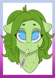 Size: 1026x1440 | Tagged: safe, artist:cold blight, oc, oc only, oc:lief, pony, beanbrows, cute, floppy ears, simple background, solo, toothbrush