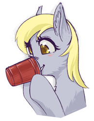 Size: 1537x1985 | Tagged: safe, artist:taytinabelle, derpy hooves, pegasus, pony, g4, blushing, cheek fluff, cup, cute, derpy being derpy, ear fluff, female, hoof hold, mare, nose wrinkle, red solo cup, scrunchy face, simple background, smiling, solo, white background