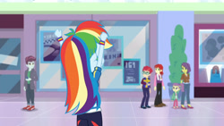 Size: 3410x1920 | Tagged: safe, screencap, lily pad (g4), nolan north, pepper twist, rainbow dash, track starr, victoria, dashing through the mall, equestria girls, equestria girls series, g4, holidays unwrapped, spoiler:eqg series (season 2), arms in the air, clothes, female, glasses, hoodie, male