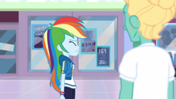 Size: 3410x1920 | Tagged: safe, screencap, rainbow dash, zephyr breeze, dashing through the mall, equestria girls, equestria girls series, g4, holidays unwrapped, spoiler:eqg series (season 2), breasts, clothes, cutie mark, cutie mark on clothes, eyes closed, female, geode of super speed, high res, hoodie, jewelry, magical geodes, male, necklace
