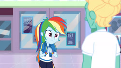 Size: 3410x1920 | Tagged: safe, screencap, rainbow dash, zephyr breeze, dashing through the mall, equestria girls, equestria girls series, g4, holidays unwrapped, spoiler:eqg series (season 2), clothes, female, geode of super speed, hoodie, jewelry, magical geodes, male, necklace