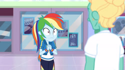 Size: 3410x1920 | Tagged: safe, screencap, rainbow dash, zephyr breeze, dashing through the mall, equestria girls, equestria girls series, g4, holidays unwrapped, spoiler:eqg series (season 2), :i, clothes, cutie mark, cutie mark on clothes, faic, female, hoodie, jewelry, male, necklace, rainbow dash is best facemaker, wide eyes