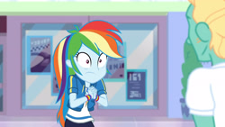 Size: 3410x1920 | Tagged: safe, screencap, rainbow dash, zephyr breeze, dashing through the mall, equestria girls, equestria girls specials, g4, my little pony equestria girls: better together, my little pony equestria girls: holidays unwrapped, clothes, cutie mark, cutie mark on clothes, female, geode of super speed, hoodie, jewelry, magical geodes, male, necklace
