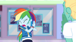 Size: 3410x1920 | Tagged: safe, screencap, rainbow dash, zephyr breeze, dashing through the mall, equestria girls, equestria girls series, g4, holidays unwrapped, spoiler:eqg series (season 2), clothes, cutie mark, cutie mark on clothes, eyes closed, female, geode of super speed, hoodie, jewelry, magical geodes, male, necklace, open mouth