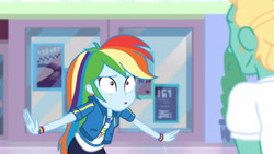 Size: 3410x1920 | Tagged: safe, screencap, rainbow dash, zephyr breeze, dashing through the mall, equestria girls, equestria girls series, g4, holidays unwrapped, spoiler:eqg series (season 2), :o, clothes, cutie mark, cutie mark on clothes, female, geode of super speed, hoodie, jewelry, magical geodes, male, necklace, open mouth