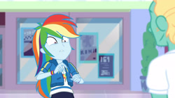 Size: 3410x1920 | Tagged: safe, screencap, rainbow dash, zephyr breeze, dashing through the mall, equestria girls, equestria girls specials, g4, my little pony equestria girls: better together, my little pony equestria girls: holidays unwrapped, clothes, cutie mark, cutie mark on clothes, faic, female, geode of super speed, hoodie, jewelry, magical geodes, male, necklace, rainbow dash is best facemaker